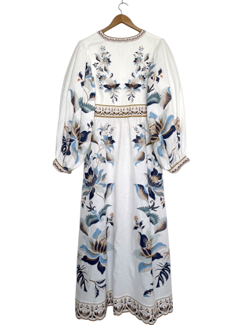 FARM Rio White Maxi Dress with Blue and Gold Floral Embroidery - Picture 8 of 16